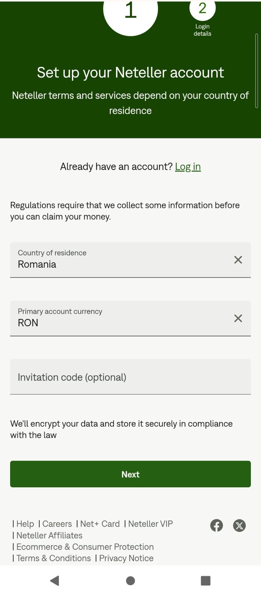 Neteller Registration Step 1